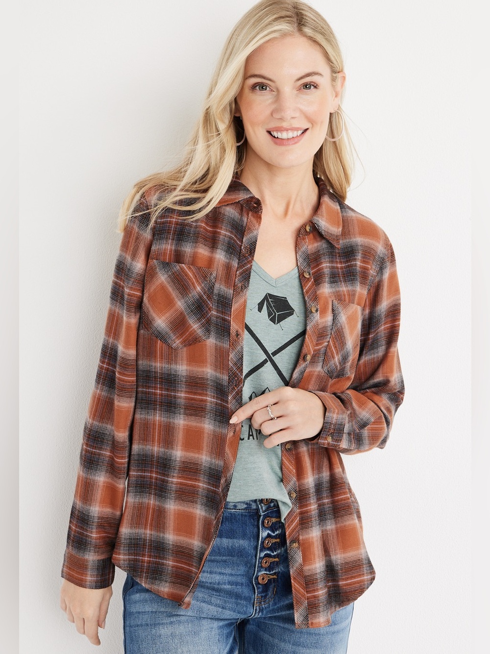 Maurice’s Cabin Plaid Button-Up Shirt in Rust Brown and Black XL